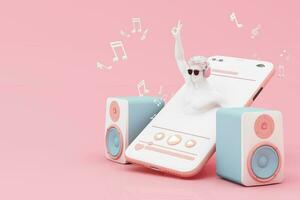 Headphones and smartphone with music notes floating on pink background surrounded by Speaker with musical instruments. concept of fun song or music festival with human head sculpture. 3d rendering photo