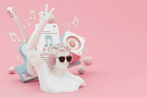 Headphones and smartphone with music notes floating on pink background surrounded by Speaker with musical instruments. concept of fun song or music festival with human head sculpture. 3d rendering photo