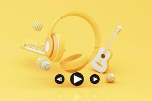 Headphones and smartphone with music notes floating on yellow background surrounded by Speaker with musical instruments. concept of fun song or music festival. 3d render illustration cartoon style photo