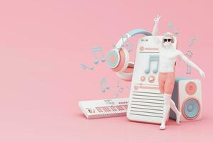 Headphones and smartphone with music notes floating on pink background surrounded by Speaker with musical instruments. concept of fun song or music festival with human head sculpture. 3d rendering photo