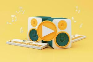 Headphones and smartphone with music notes floating on yellow background surrounded by Speaker with musical instruments. concept of fun song or music festival. 3d render illustration cartoon style photo