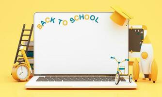 write board with books and accessory on yellow background. degree achievements education and Free space for announcing the opening of the study. Back to school concept 3D Rendering, 3D Illustration photo