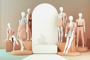 Statue of model mannequin in showcasing fashion formal clothes in abstract concept. isolate on multi color pastel background. promotion discount sale with geometric shape product stand. 3d rendering photo