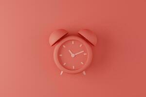 3d rendering flay lay red analog alarm clock on red background photo