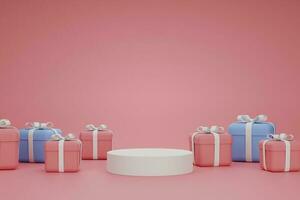 3d representación blanco podio con regalo cajas en rosado antecedentes foto