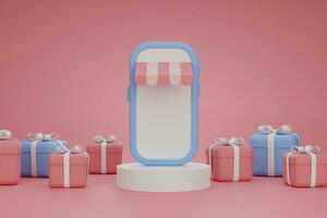 3d representación blanco pantalla teléfono inteligente compras en blanco podio con regalo cajas en rosado antecedentes foto