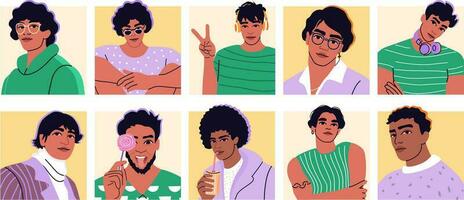 A set of male avatars in trendy colours. Diverse group of men. Human equality concept. vector