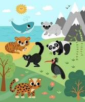 Vector wild forest, mountains, ocean scene with trees, extinct animals, birds. Woodland scenery with tiger, leopard, panda, whale, polar bear. Wild nature landscape illustration or background.