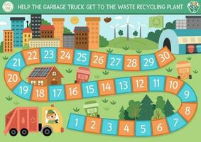 Ecological dice board game for children with garbage truck going to waste recycling plant. Earth day boardgame.  Nature protection printable worksheet. Eco awareness or zero waste activity vector