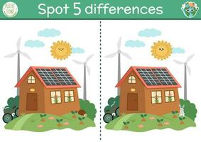 Find differences game for children. Ecological educational activity with cute house, solar panels, wind turbines. Earth day puzzle for kids. Eco awareness or zero waste printable worksheet, page vector