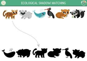 Ecological shadow matching activity with endangered species. Earth day puzzle. Find correct silhouette printable worksheet or game. Eco awareness page for kids with extinct animals vector