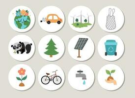 Ecological highlight icons set with cute planet, waste recycling, seeding, alternative energy concept. Vector Earth day round print templates. Eco friendly design for tags