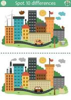 Find differences game for children with opposites. Ecological educational activity with cute eco and polluted city versions. Earth day puzzle for kids. Eco awareness printable worksheet, page vector