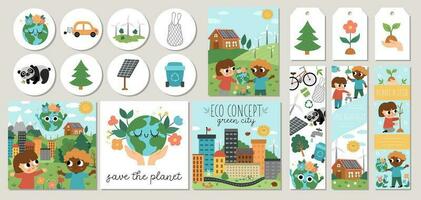 ecológico tarjetas conjunto con linda niños, planeta, residuos reciclaje concepto. vector tierra día cuadrado, redondo, vertical impresión plantillas. eco simpático diseño para etiquetas, postales, anuncios con naturaleza cuidado escenas