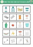 Find the odd one out. Ecological logical activity for children. Eco awareness zero waste educational quiz worksheet for kids for attention skills. Simple printable game with waste sorting concept vector