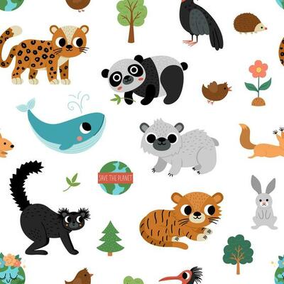 Vector endangered species seamless pattern. Cute extinct animals repeat background. Funny digital paper for kids with amur leopard, blue whale, black lemur, polar bear, panda