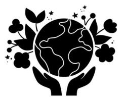 Vector silhouette with hands holding earth with flowers. Earth day black stencil illustration with cute planet. Environment friendly shadow icon with globe. Cute ecological concept