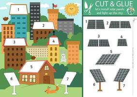 Vector ecological cut and glue activity. Crafting game with earth friendly town. Fun printable worksheet for children. Find right piece of the puzzle, complete the picture. Install solar panels page