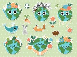 vector tierra pegatinas conjunto para niños. tierra día parches colección con linda kawaii sonriente planetas ambiente simpático Insignia íconos con globo y bosque, contaminación o flores en parte superior