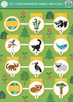 Ecological dice board game for children with endangered animals and plants. Earth day boardgame. Printable activity or worksheet with disappearing species. Eco awareness activity vector