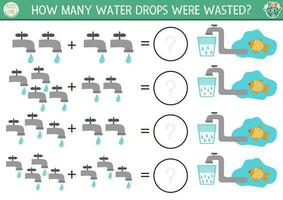 cómo muchos gotas juego con grifos ecológico matemáticas adición actividad para preescolar niños. sencillo eco tierra día imprimible contando hoja de cálculo para niños con agua ahorro concepto vector