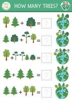 How many trees game with cute planet. Ecological math addition activity for preschool children. Simple eco earth day printable counting worksheet for kids with plants and Earth vector