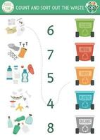 Match the numbers ecological game with garbage, rubbish bins. Zero waste math activity for preschool kids. Eco awareness educational counting worksheet with waste sorting concept vector