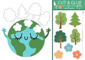 Vector ecological cut and glue activity. Crafting game with planet and trees. Fun printable worksheet for children. Find the right piece of the puzzle. Earth day complete the picture page