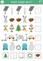 What comes next. Ecological matching activity for preschool children with eco awareness symbols. Funny zero waste puzzle. Earth day logical worksheet. Continue the row game vector