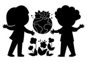 Cute eco friendly silhouette with kids holding earth in hands. Boy and girl caring of planet and environment. Earth day black stencil illustration. Ecological black shadow vector concept