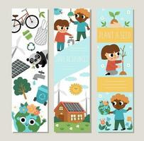 ecológico vertical tarjetas conjunto con linda niños, planeta, residuos reciclaje, siembra, alternativa energía concepto. vector tierra día marcador diseño. eco simpático impresión plantillas
