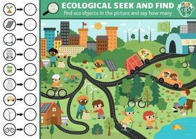 Vector ecological searching game with eco city landscape. Spot hidden objects in the picture and say how many. Simple earth day seek and find and counting printable activity for kids