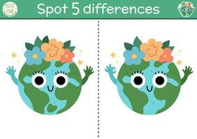 Find differences game for children. Ecological educational activity with cute planet. Earth day puzzle for kids with funny character. Eco awareness or zero waste printable worksheet or page vector