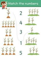 Match the numbers ecological game with girl planting trees. Earth day or garden math activity for preschool kids. Eco awareness educational counting worksheet with growing young plants vector