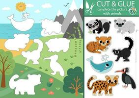 Vector ecological cut and glue activity. Crafting game with nature scene and endangered animals. Fun printable worksheet. Find right piece of the puzzle. Earth day complete the picture page