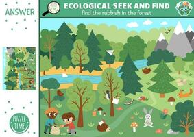 Vector ecological searching page with forest landscape and rubbish. Spot hidden garbage in the picture. Simple zero waste seek and find educational printable activity for kids. Earth day game