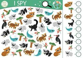 Ecological I spy game for kids. Searching and counting activity with extinct animals. Earth day printable worksheet for preschool children. Simple eco awareness puzzle with endangered animals vector