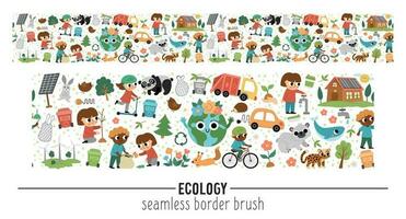 Vector ecological horizontal seamless pattern brush with cute children caring of nature. Earth day border. Cute environment friendly repeating background with eco planet concept