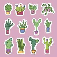 Set of cute stickers of cacti in pots. Indoor plants. For the design of cards, invitations or stickers. Isolated vector