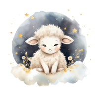 Cute watercolor baby good night sheep on moon Illustration AI Generative png