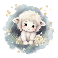 Cute watercolor baby good night sheep on moon Illustration AI Generative png