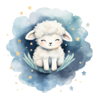 Cute watercolor baby good night sheep on moon Illustration AI Generative png