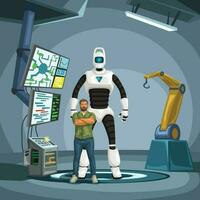 robot engineer with cyborg in a lab vector