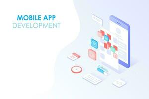 Mobile app development and web design isometric concept. App testing and layered user interface on smartphone screen for web banner background. vector