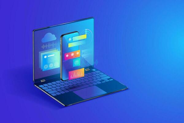 Software and mobile application development, web page layout design for multi devices, coding and programming on laptops concept isometric design