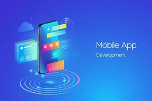 Mobile applications development concept.  Isometric smartphone with futuristic UI and layers of applications and concept of web design illustration template vector