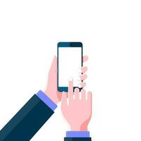 Close up flat design hand holding smartphone with blank screen on isolated white background. vector illustration.