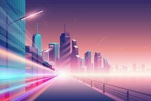 Night city background, Urban skyscrapers in neon colors, town exterior, architecture background. Residential construction. vector
