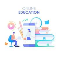 Online education flat design. A man's character is sitting at a desk studying with an online course with a smartphone and books background. vector