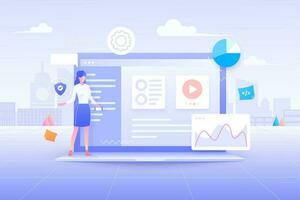 Flat design of Web development, User interface application design, coding and programming on laptop concept with programming language and program code and layout on screen vector illustration.